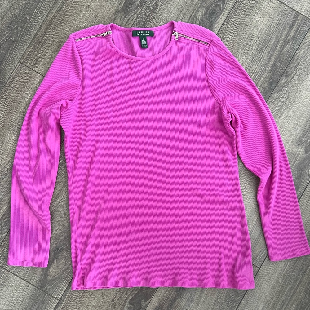 Lauren Ralph Lauren Vibrant Pink Ribbed Long Sleeve Top Henley Zippers Size 2X